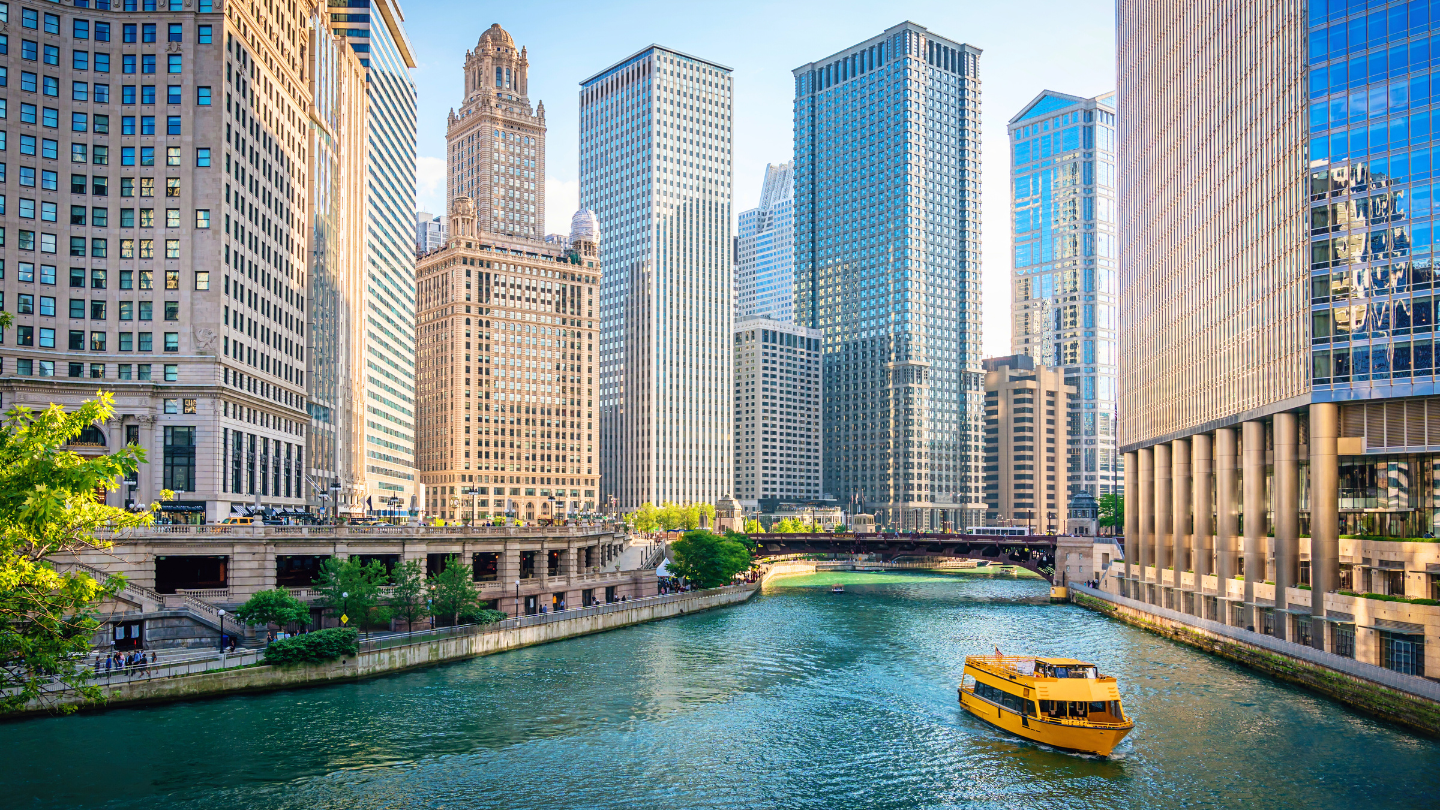 Chicago River and Skyline – The iconic Chicago River winds through downtown, surrounded by towering skyscrapers and historic architecture, offering a blend of culture, dining, and city charm. An ideal experience for CharityACE auction packages.